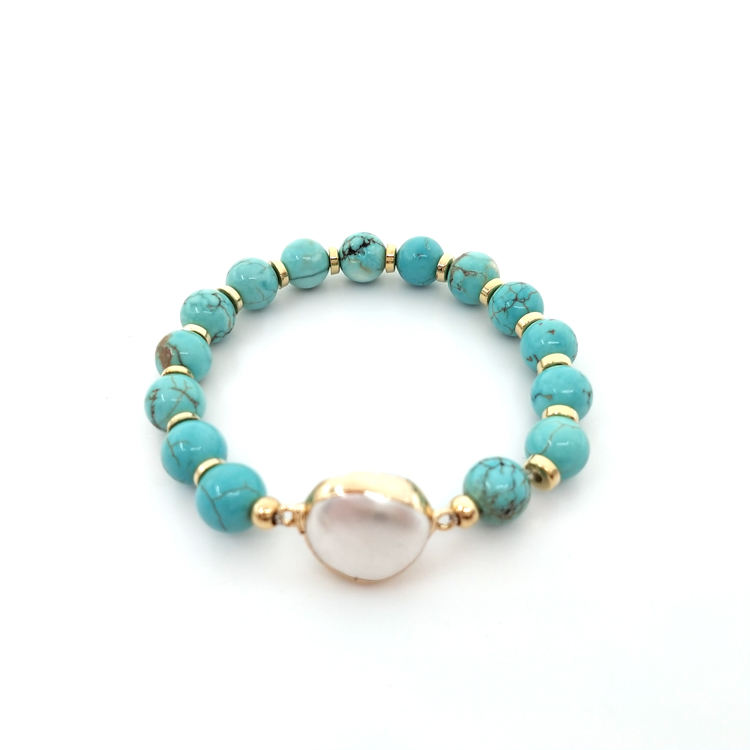 EPI10-Turquoise Beaded Bracelet with Natural Pearl Charm