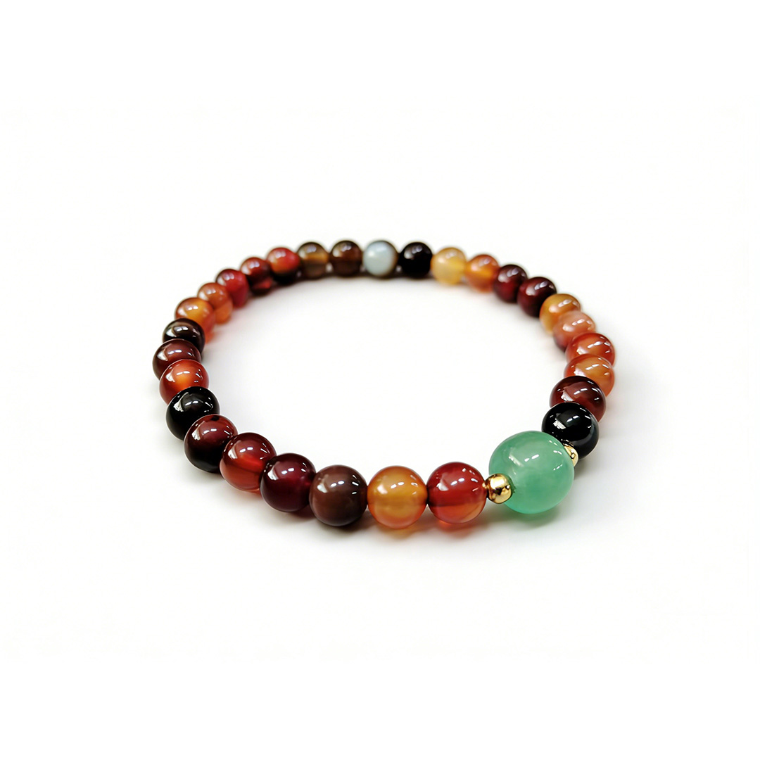 MAZ5-Natural Agate Beaded Bracelet with Green Jade Accent