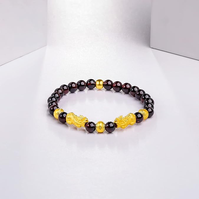 R30-24K Solid Gold Garnet Beaded Bracelet with Gold Charm Stretch Bracelet for Women and Men