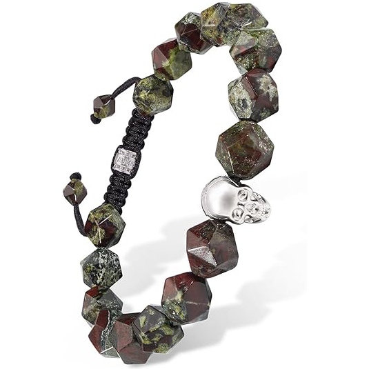 C30I30P-Dragon Blood Jasper Beaded Bracelet with Silver Skull Charm – Adjustable Braided Bracelet