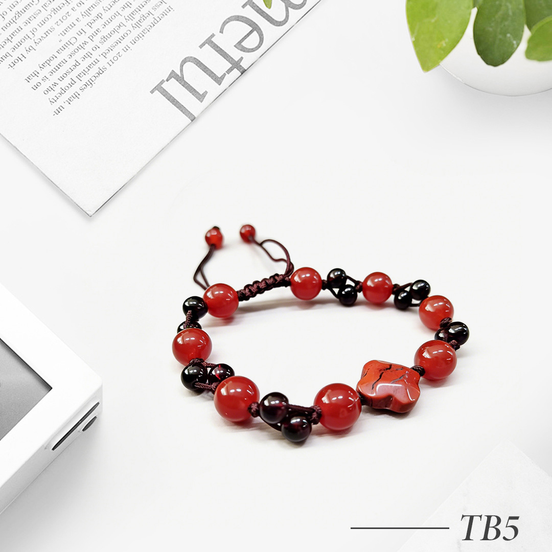 TB5-Red Agate Beaded Bracelet with Flower Charm – Adjustable Handmade Bracelet