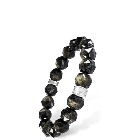 R16P-Gold Obsidian & Tiger Eye Beaded Bracelet with Silver Charm – Men’s Stretch Bracelet 10mm