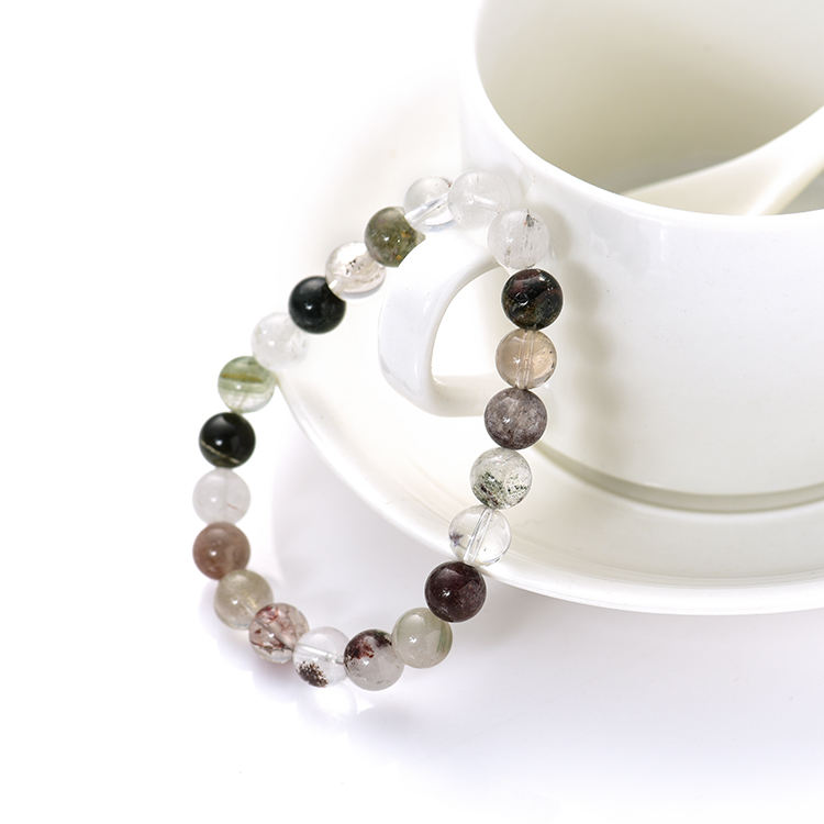 H50P-Minimalist Natural Green Phantom Quartz Gemstone Beaded Stretch Bracelet for Women