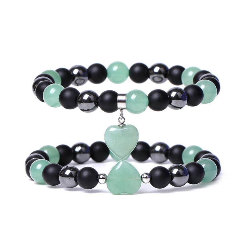 MAX10-Natural Stone Beaded Bracelet with Heart Agate Charm