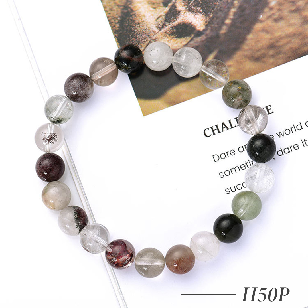 H50P-Minimalist Natural Green Phantom Quartz Gemstone Beaded Stretch Bracelet for Women